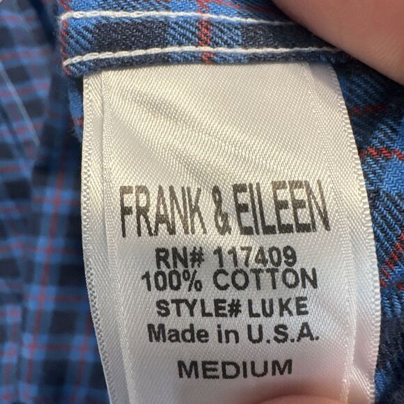 Frank & Eileen Luke Italian Flannel Button Up Shirt Size M Blue Plaid Cotton - Picture 8 of 9